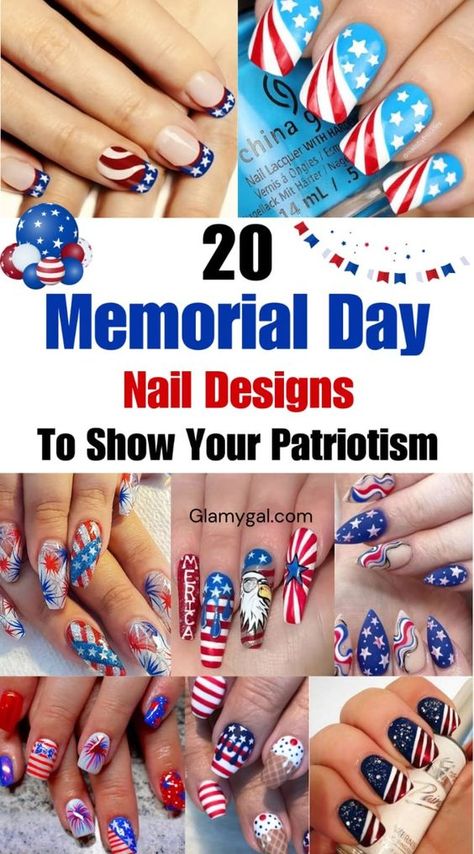 20 Memorial Day Nail Designs to Show Your Patriotism. Make your Memorial Day memorable with nails that reflect your patriotic spirit. Our guide for 2024 showcases the best in red, white, and blue, from simple acrylic to stunning gel designs. Discover summer-ready ideas, cute color street styles, and American flag-inspired art, from classic flags to glittery red, white, and blue designs, there's something for everyone to rock on their nails this holiday. So grab your favorite polish colors and get ready to show off your patriotic pride with these Memorial Day nail designs in 2024! Whether you`re a fan of short nails or prefer the elegance of almond or acrylic short designs, find your inspiration for stylish Memorial Day nails. Memorial Nails Designs Rip, Memorial Day Nails Designs, Memorial Day Nail Art, Memorial Day Nails Simple, Memorial Day Nails Acrylic, Memorial Nails, Patriotic Nail Designs, Memorial Day Nails, Red White Blue Nails