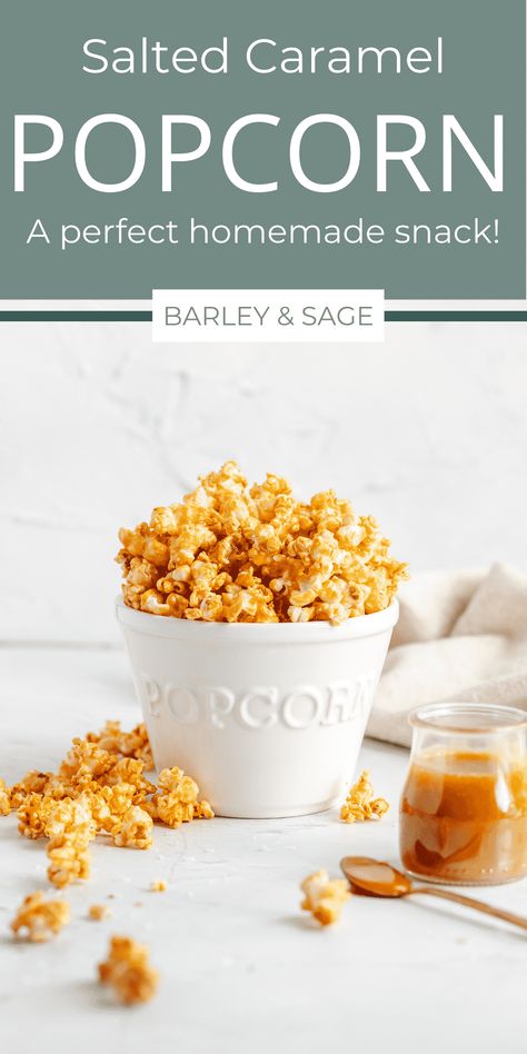 This salted caramel popcorn is made with air popped popcorn and then baked to perfection with homemade salted caramel and sea salt! Salted Caramel Popcorn Recipe, Air Popped Popcorn Recipe, Carmel Popcorn Recipe, Homemade Caramel Popcorn, Caramel Popcorn Recipe, Popcorn Salt, Pantry Meals, Homemade Salted Caramel, Cinnamon Bun Recipe