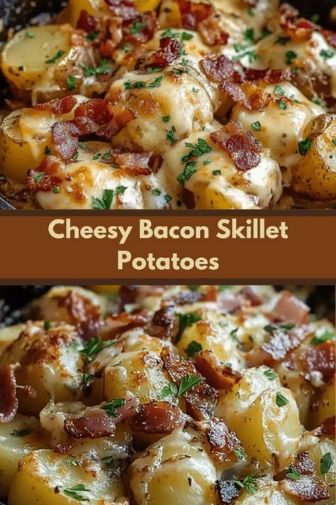 This hearty skillet dish combines crispy bacon and golden, tender potatoes smothered in melted cheese. It’s a savory treat perfect for breakfast or as a satisfying side dish. The blend of flavors and textures makes it a crowd-pleaser at any gathering or family meal. Potato Cast Iron Recipes, Breakfast Potato Skillet, Loaded Breakfast Potatoes, Stovetop Potato Recipes, Bacon And Potato Recipes, Potato And Bacon Recipes, Breakfast Skillet Potatoes, Dishes With Bacon, Potato Bacon Casserole