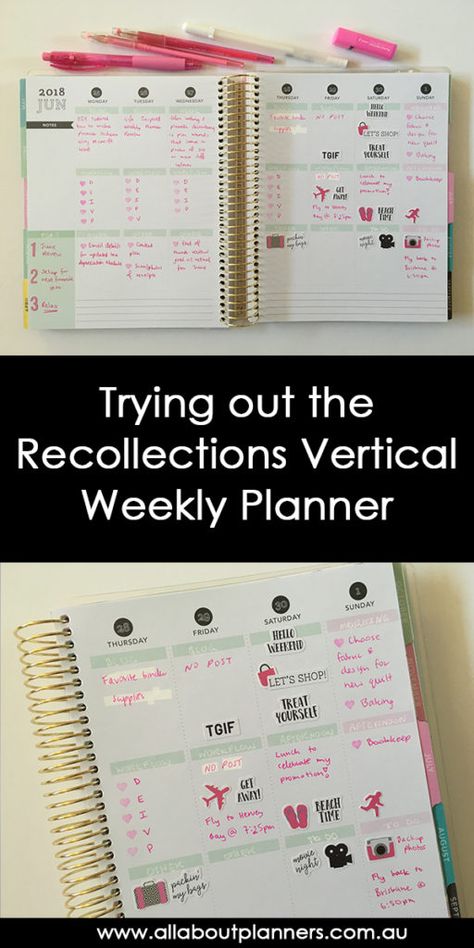 recollections vertical weekly planner review pros and cons decorative spread carpe diem stickers Planner Spread Inspiration, Organised Life, Recollections Planner, Planner Review, Vertical Weekly Planner, Vertical Planner, 52 Weeks, Planner Spread, Planner Supplies