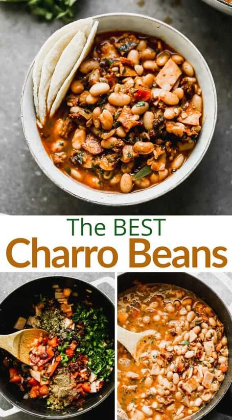 Vegetarian Charro Beans, Mexican Charro Beans, Bean Soups, Charro Beans, Pinto Bean Recipes, Authentic Mexican Recipes, Cowboy Beans, Vegan Meat, Meat Alternatives