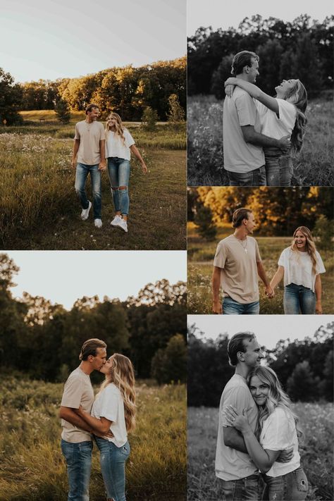 Black Top And Jeans Engagement Photos, Fall Engagement Shoot Outfit Ideas, Couples Field Photoshoot Outfits, Engagement Pictures Mens Outfit, Neutral Color Engagement Outfits, Black Shirt Engagement Pictures, Couples Photoshoot Style Guide, Engagement Photos Outfit Inspiration, Engagement Outfits Jeans