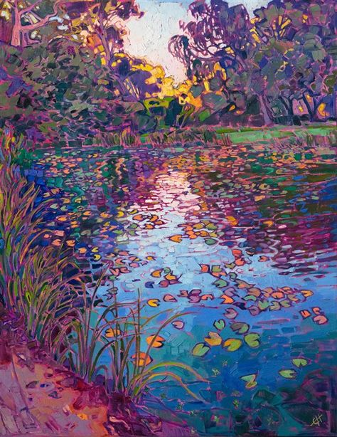 The still waters of a lilies pond reflect the colors of late afternoon light. This painting was inspired by the gardens in the Norton Simon Museum in Pasadena. The impressionist brush strokes capture the fleeting light of the scene. Impressionism Landscape, Erin Hanson, Reflection Painting, Reflection Art, Contemporary Impressionism, Posca Art, Impressionism Painting, Impressionism Art, Wow Art