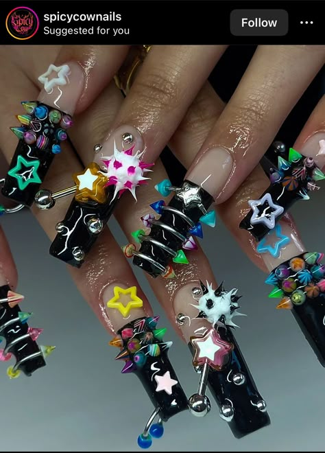 French Tip Junk Nails, Junk Nails, Punk Nails, Colored Acrylic Nails, Cute Acrylic Nail Designs, Crazy Nails, Really Cute Nails, Dope Nail Designs, Long Square Acrylic Nails