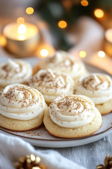 Spread some holiday cheer with these frosted eggnog cookies! They're delightfully soft, perfectly spiced, and topped with a rich & creamy eggnog frosting. Egg Nog Frosting Recipe, Snow Eggs Dessert, Egg Nog Cookies Easy, Custard Cream Cookies, Egg Nog Meltaway Cookies, Eggnog Baked Goods, Eggnog Thumbprint Cookies, Christmas Gourmet Cookies, Eggnog Sugar Cookies