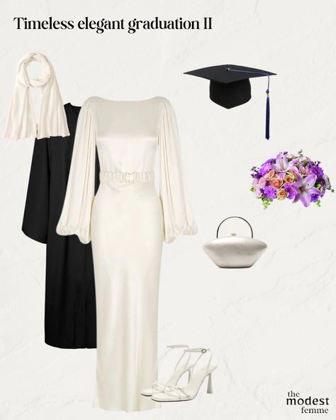 Hijabi graduation inspiration Dress For Graduation University, Hijabi Graduation, Graduation Outfit Ideas Hijab, Modest Graduation Dress, University Graduation Dresses, Graduation Dress Designs, White Grad Dress, Graduation Outfit Ideas University, Graduation Ceremony Outfit