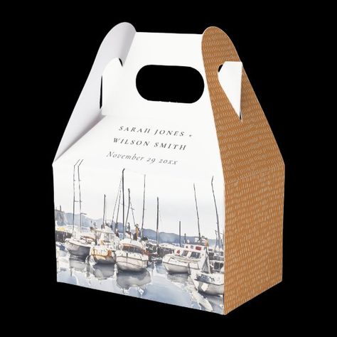 Muted Coastal Boats at Harbor Seascape Wedding Favor Boxes Yacht Club Wedding Decor, Coastal Chic Wedding, Event Stationery, Coastal Crafts, Wedding Welcome Gifts, Cape Wedding, Wedding Favor Box, Shotgun Wedding, Bar Menu Wedding