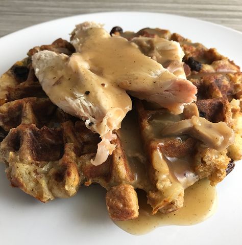 Leftover Stuffing Waffles Recipe, Leftover Stuffing Waffles, Stuffing Waffles, Waffle Sandwich Recipe, Thanksgiving Turkey Stuffing, Dinner Waffles, Barbecue Turkey, Turkey And Gravy, Leftover Stuffing