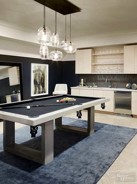 Man Cave Ideas | Better Homes & Gardens Custom Pool Table, Modern Man Cave, Custom Pool Tables, Modern Pool Table, Basement Games, Pool Table Room, Pool Room, Custom Pool, Pool Table Lighting