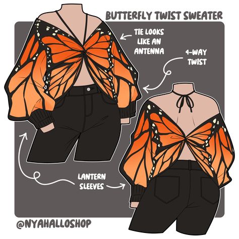 Art Clothes Design, Drawing Accessories Ideas, Art Clothing Ideas, Bee Inspired Outfit, Fairy Clothes Drawing, Clothes Design Sketches, Draw Ur Oc In This Outfit, Butterfly Twist, Animated Clothes