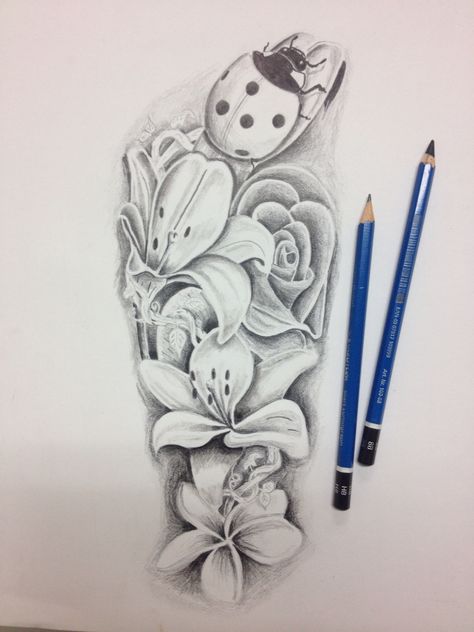 A pencil sketch for a calf tattoo. Flowers and a lady bug Ladybird Tattoo Design, Ladybug And Flower Tattoo, Freddie Tattoo, Ladybug Tattoo Design, Ladybird Tattoo, Ladybug Tattoos, Lace Sleeve Tattoos, Tattoo Calf, Gecko Tattoo