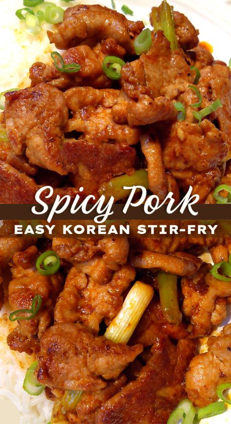 Korean Spicy Pork! A super simple stir-fry recipe with thinly sliced pork tenderloin, sriracha, soy sauce and other common ingredients perfect over rice or in lettuce wraps. Korean Spicy Pork, Chinese Pork Recipes, Asian Pork Tenderloin, Asian Pork Recipes, Pork Stir Fry Recipes, Pork Bites, South Your Mouth, Easy Stir Fry Recipes, Pork Recipes Easy