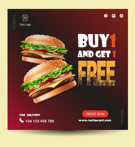 Vector buy 1 and get 1 free burger flyer... | Premium Vector #Freepik #vector #burger #burger-fast-food #hamburger-fast-food #hamburger Burger Flyer, Red Burger, Tarpaulin Design, Food Hamburger, Burger Sliders, Pizza Burgers, Free Stories, Delicious Burgers, Food Snapchat