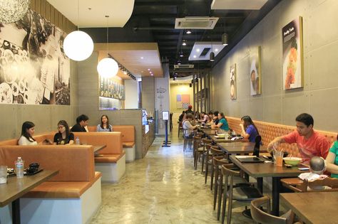 Red Table (Korean Fast Casual Restaurant Interior) love the tufted bench backs! Casual Restaurant Design, Korean Restaurant Interior, School Dining Room, Canteen Design, Casual Restaurant, Korean School, Dining Interior, Fast Casual Restaurant, Casual Restaurants