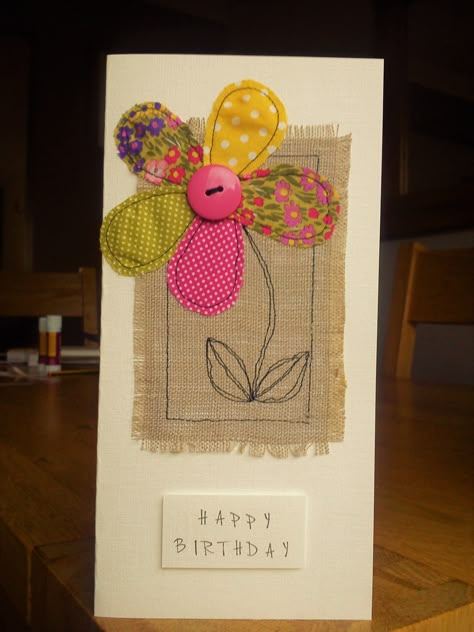 Flower Birthday Card, Freehand Machine Embroidery, Flower Birthday Cards, Sewing Cards, Flowers Birthday, Embroidery Cards, Flower Birthday, Fabric Postcards, Fabric Cards