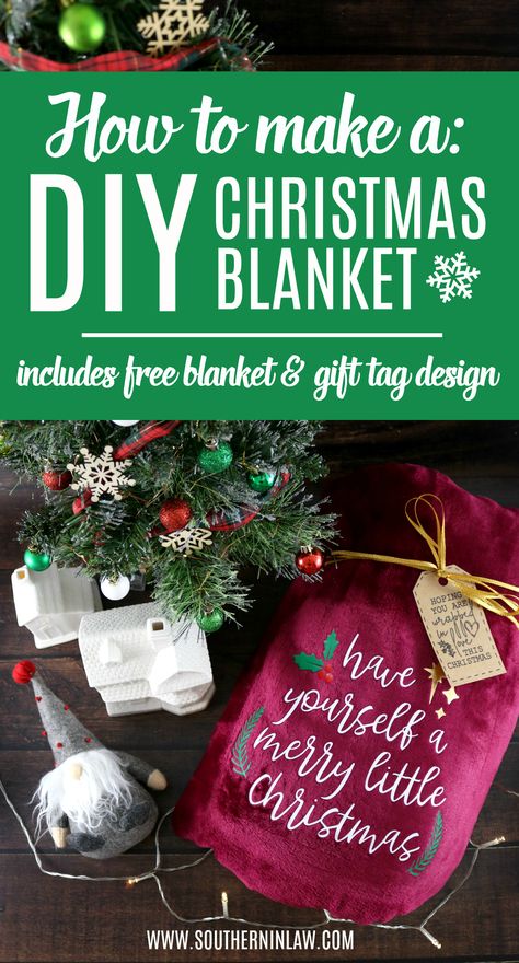 How to Make a DIY Christmas Blanket using the Cricut Maker and Iron On HTV | This polyester blanket is the perfect budget handmade Christmas gift idea. No sew and super easy, this fleece blanket is perfect for everyone on your Christmas list and can be made in minutes. Includes free gift tag and design SVGs and images as well as a full tutorial. Made using Siser Easyweed HTV on a 100% Polyester Blanket. Simple weekend craft project you can make in under an hour. Cricut Blanket, Christmas Blanket Gift, Fleece Blanket Diy, Cricut Iron On Vinyl, Christmas Party Crafts, Blanket Tutorial, Gift Tag Design, Christmas Gifts To Make, Weekend Crafts