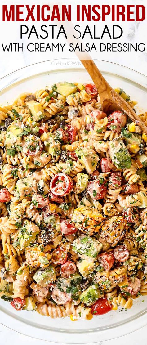 Mexican Pasta Salad - Carlsbad Cravings Salsa Pasta Salad, Little King Salad Recipe, Pasta Salad With Peppers, Mexican Salads Recipes, Mexican Corn Pasta Salad, Potluck Mexican Dishes, Pasta Salad Recipes Vegetarian, Pasta Salad Mexican, Potluck Sides