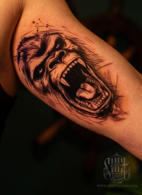 This design symbolizes masculinity, strength, and leadership. The bold gorilla motif stands out with its intricate details, capturing attention with its muscular build and intense gaze. Our studio offers a unique gorilla arm tattoo for men looking to make a powerful statement and showcase their individuality. Visit us to explore this design and stand out. Gorilla tattoo sketched jerky style animal manly idea Mens Animal Tattoo Sleeve, Sketch Style Tattoos Men, Silver Back Gorilla Tattoo Design, Gorila Tattoos, Power Tattoo For Men, Gorilla Back Tattoo, Unique Men Tattoos, Mens Arm Sleeve Tattoos Ideas Unique, Gorilla Hand Tattoo