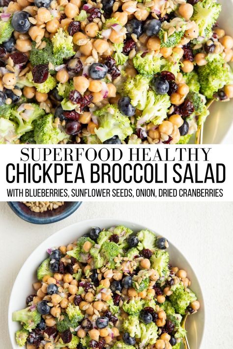 Broccoli Blueberry Salad, Broccoli Salad With Sunflower Seeds, Broccoli Salad Healthy, Salad With Sunflower Seeds, Chickpea Broccoli, Blueberry Salad, Super Salads, Summer Side Dish, Broccoli Salad Recipe