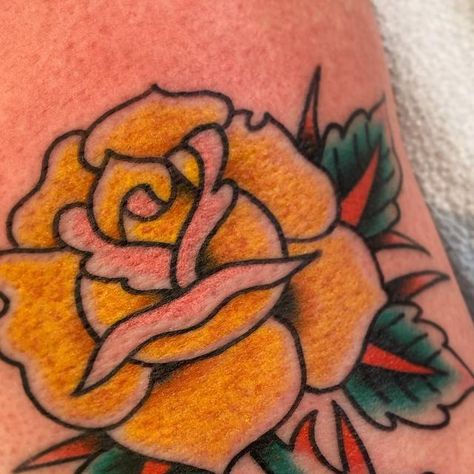 Carlos Gonzalez on Instagram: "Yellow rose of Tejas #elmstreettattoo #tattoo #rose #yellowrose #traditionaltattoo #dallas #fortworth #dfw #bold #bright #elmstreet #traditional" Yellow Rose Tattoo, Elm Street Tattoo, Yellow Rose Tattoos, Traditional Tattoo Flowers, Rose Tattoo, Rose Tattoos, Pretty Tattoos, Yellow Roses, Flower Tattoos