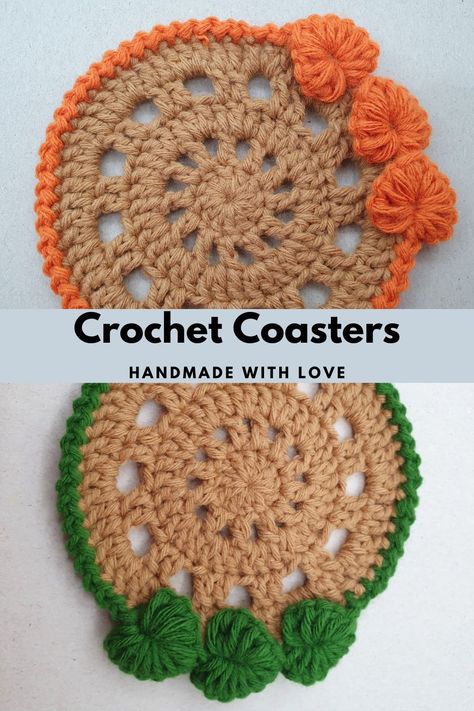 Hello everyone! 👋 In this amazing YouTube tutorial you will see how to crochet this lovely coaster. With fall colors and this pattern you can create an interesting crochet home decor for autumn with unique designs. Wonderful coasters with 3D effect for stunning projects. Complete this crochet set of table mat with place mat ➡ https://youtu.be/Poo2Qkl85iY Crochet Halloween Coasters Free Pattern, Fall Crochet Coasters, Mushroom Coaster Crochet, Crochet Coaster Set, Halloween Crochet Placemat Patterns, Fall Coasters Crochet Pattern, Fall Coasters Crochet, Leave Coaster Crochet, Fall Coasters