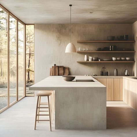 This minimalist kitchen showcases a stunning concrete island as the focal point, paired with light wood cabinetry and open shelving. The large floor-to-ceiling windows flood the space with natural light, creating a bright and airy feel. The industrial concrete elements contrast beautifully with the warm wood, while neutral tones and simple decor enhance the calming, serene atmosphere. Perfect inspiration for those seeking modern, Scandinavian-inspired material building ideas! Cement Floor Kitchen Ideas, Open Shelves Modern Kitchen, Kitchen Wood Concrete, Oak And Concrete Kitchen, Waterfall Island Kitchen Concrete, Cement Island Kitchen, Timber And Concrete Kitchen, Modern Concrete Countertops, Concrete Kitchen Wall