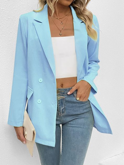 Bleu ciel Élégant Collar Manches longues Étoffe Unicolore Classique Embellished Extensibilité légère Women Blazers, Fall Essentials, Shein Style, Daily Look, Blazers For Women, Double Breasted, Fashion News, Women's Blazer, Bell Sleeve Top