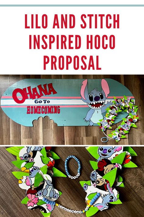 Get ready to say 'Aloha' to the most clever Lilo and Stitch-themed Hoco proposal! "Ohana got to Hoco?" #OhanaHoco Stitch Hoco Proposal, Lilo And Stitch Hoco Proposal, Stitch Homecoming Proposal, Lilo And Stitch Flower, Cute Hoco Proposals, Lilo And Stitch Characters, Leaf Cutout, Surfboard Shapes, Stitch Character