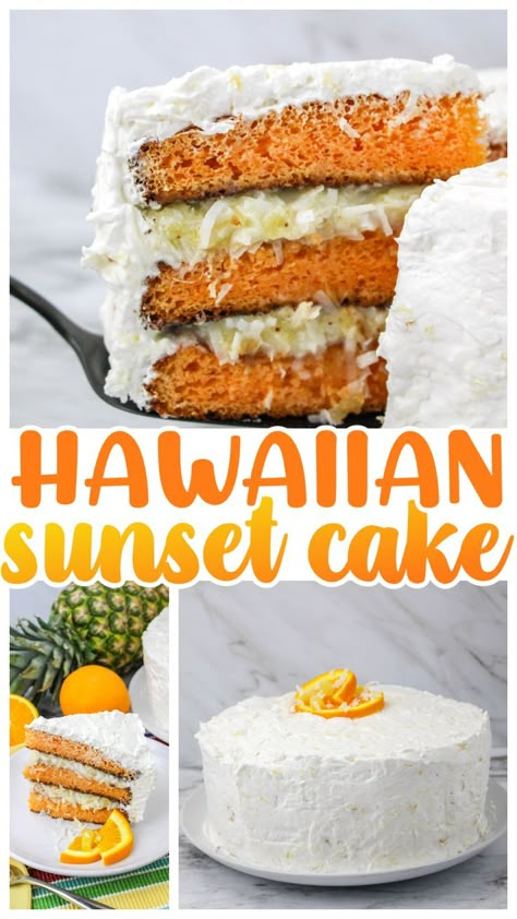 Hawaiian Cake Flavors, Hawaiian Paradise Cake, Tropical Cake Filling, Easy Luau Cake, Orange And Pineapple Cake, Tropical Pineapple Paradise Pie, Hawaiian Sunset Cake, Tropical Flavored Cakes, Hawaiian Punch Pound Cake