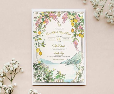 Italian Amalfi Coast Wedding Invitation Design, Custom Italy Beach Wedding Invite, Lemon Italian Wedding Invitation, Positano Wedding Invite This custom invitation is perfect for your beautiful wedding in the Amalfi Coast! ⧫HOW IT WORKS ⧫ ◗Send me all of the details and information you require on your invite (I will need ALL the details: name, dates, location...etc) ◗We will send your personalized proof within 1-3 days ◗After your approval we will send you your LINK to your digital invitation! ⧫ Mediterranean Wedding Invitations, Beach Wedding Invite, Italian Wedding Invitations, Positano Wedding, Italy Beach, Sicily Wedding, Wedding Ambiance, Wreath Wedding Invitations, Amalfi Coast Wedding