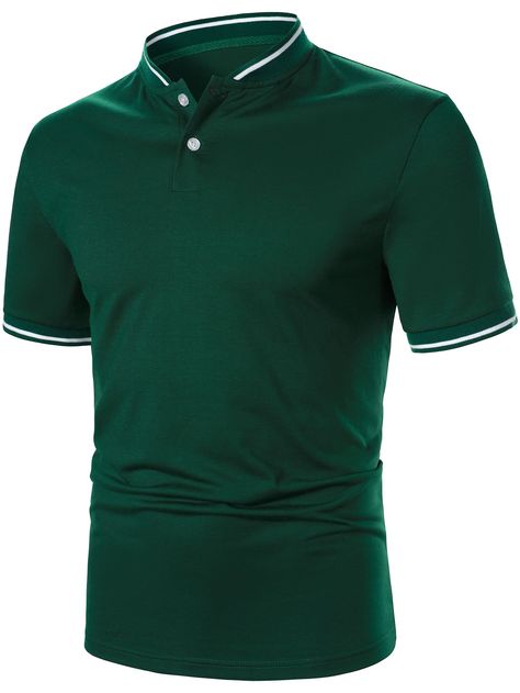 Dark Green Casual  Short Sleeve Polyester Striped  Embellished Slight Stretch Summer Men Tops Polo Shirt Outfits, Green Polo Shirts, Mens Button Up, Golf Polo, Polo Collar, Mens Polo Shirts, Polo Shirts, Golf Shirts, Mens Summer