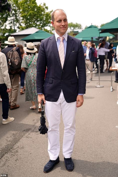 Tennis fan Lord Frederick Windsor makes a second visit to Wimbledon | Daily Mail Online Blue Linen Trousers, Roger Federer Wimbledon, Sophie Winkleman, Lord Frederick Windsor, Wimbledon 2008, Blue Suede Loafers, Claudia Winkleman, Blue And White Shirt, Tennis Fan