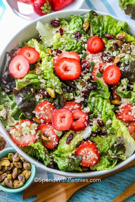 Make this delicious and easy strawberry salad for a tasty side dish or salad entree. Panera or Wendy's has nothing on this tasty recipe. A tangy vinaigrette, fresh berries and nuts, and plenty of leaf lettuce, quinoa, and feta cheese make this salad a winner. With amazing ingredients and the best dressing, this salad is a colorful and fresh delight! #strawberrysalad #pistachiostrawberrysalad #salad #recipe #spendwithpennies Easy Strawberry Salad, Strawberry Salad Dressing, Best Summer Salads, Homemade Vinaigrette, Pistachio Salad, Side Salad Recipes, Avocado Tomato Salad, Strawberry Spinach, Pecan Salad