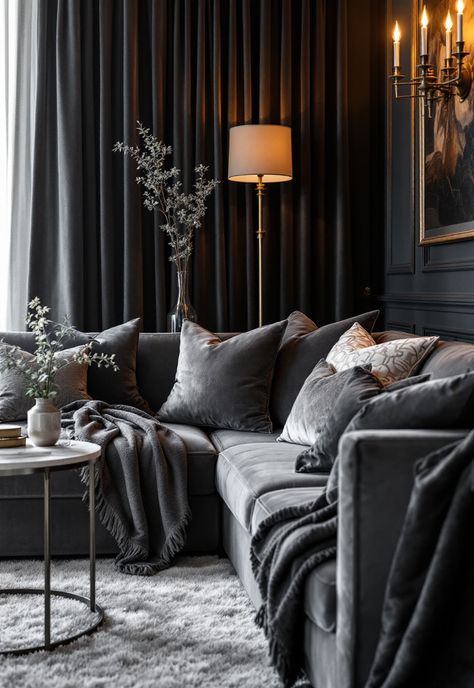 Dark Grey Couch Living Room Ideas Cosy Living Room Dark Grey Sofa, Grey Velvet Couch Living Room, Charcoal Gray Couch Living Room, Dark Gray Couches, Cinema Basement, Dark Grey Living Room Ideas, Charcoal Couch Living Room, Grey Couch Living Room Ideas, Dark Grey Sofa Living Room