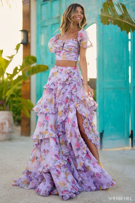 Sherri Hill Prom, Sherri Hill Prom Dresses, Tiered Ruffle Skirt, Floral Gown, Floral Print Chiffon, Prom Designs, Sherri Hill Dresses, Chiffon Gown, Sherri Hill