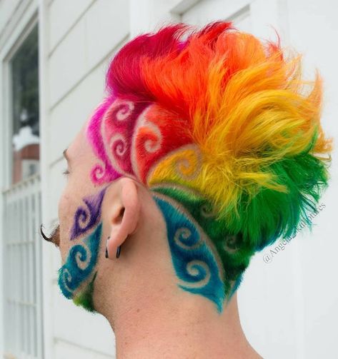 Beautiful Short Rainbow Hair, Trippy Rainbow, Barber Tattoo, Shaved Hair Designs, Peekaboo Hair, Mens Hair Colour, Goth Hair, Men Hair Color, Haircut Designs