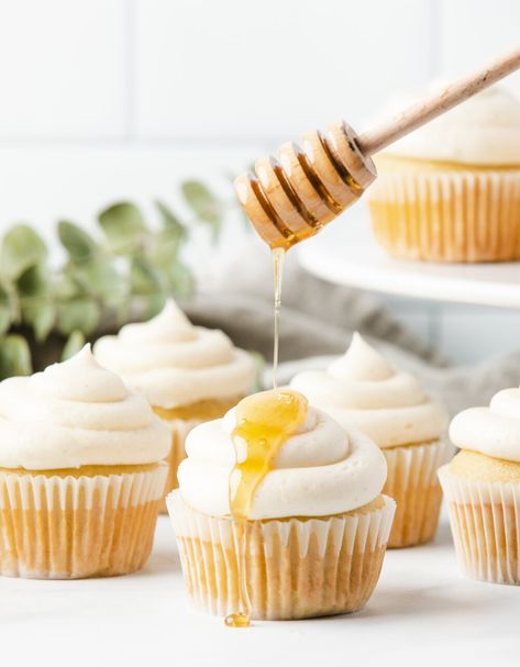 Sweet And Savory Cupcakes, Tea Cupcakes Recipes, Honey Tea Cake, Lemon Honey Cupcakes, Honey Butter Cupcakes, Honey Cupcake Recipe, Vanilla Honey Cake, Honey Cake Cupcakes, Spring Cupcakes Flavors