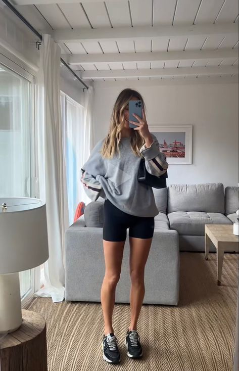 Bike Shorts Crewneck Outfit, Biker Short Fall Outfit, Spring Athleisure Short Biker Shorts, Cotton Athleisure Biker Shorts, Oversized Sweatshirt Biker Shorts, Bike Ride Outfit Summer, Compressive Athleisure Biker Shorts, Bike Shorts Outfit Summer, Shorts Outfit Casual