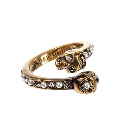 Alexander McQueen - Embellished brass ring | Mytheresa Mcqueen Jewelry, Skull Wedding Ring, Skull Engagement Ring, Skull Wedding, Black Engagement Ring, Gold Wrap, Skull Ring, Glam Rock, Brass Ring