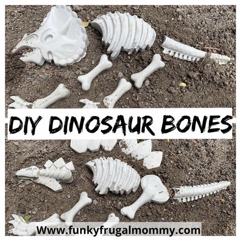 Homemade Dinosaur Bones, Diy Dinosaur Bones Fossil, How To Make Dinosaur Bones, Dinosaur Props Diy, Diy Dinosaur Bones, Outdoor Dinosaur Birthday Party, Fossil Party, Dino Bones, Dinosaur Theme Preschool