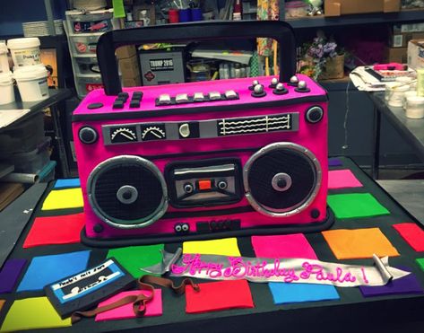 80's Themed Boom Box Cake - Adrienne & Co. Bakery Boom Box Cake 80s, Boom Box Valentines Boxes, Boom Box Cake, Boombox Cake, 80s Cake, Elf Workshop, 70s Party Theme, 80s Birthday, 80s Party Decorations