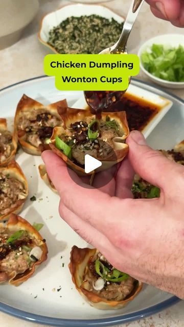 FreshCo on Instagram: "Hosting for a crowd this holiday season? ❄️ This Chicken Dumpling Wonton Cups🥟 recipe lets you make a bunch by the batch, so you won’t have to worry about guests asking for seconds!

What will you be filling your dumpling with?

Ingredients:
1 lb ground chicken
2 cloves garlic, grated
2 tsp ginger, grated or minced (skin removed)
Pinch of white pepper
1.5 tbsp soy sauce
2 tsp sesame oil
4 scallions, finely chopped
1/3 cup cabbage, shredded & chopped
1 pack Kim Phat Wonton Wrappers
Oil spray
1 tsp chili crunch (optional)
2 tsp dumpling or potsticker dipping sauce
Furikake seasoning (optional)

Instructions:
1. Preheat oven to 400 F. In a large bowl, mix the ground chicken, soy sauce, 3/4 of the amount of scallion (reserve
rest for garnish), cabbage, white pepper, gar Ginger Scallion Chicken Dumpling Cups, Potsticker Dipping Sauce, Chicken Soy Sauce, Chili Crunch, Chicken Dumpling, Wonton Chips, Wonton Cups, Wonton Wrappers, Ground Chicken