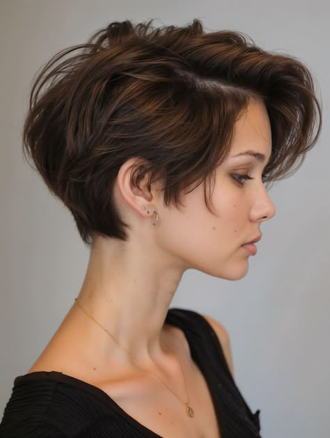 60 Inspiring Short Haircut Ideas for a Fresh New Look Short Layered Pixie, Haircut Short Hairstyles, Brunette Pixie Cut, Pixie Cut Round Face, Brunette Pixie, Short Haircut Ideas, Short Wavy Bob, Rich Brunette, Short Brown Hair