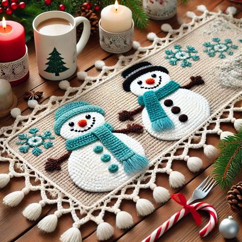 Create a festive Crochet Snowman Table Runner with snowman appliques and tassel edging. A perfect DIY project for your holiday table! Snowflake Crochet Table Runner, Crochet Winter Placemats, Crocheted Christmas Table Runner, Spring Crochet Ideas, Crochet Turtle Pattern Free, Snowman Table Runner, Crochet Turtle Pattern, Crocheted Christmas, Christmas 2025