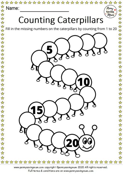 Caterpillar Counting, Counting Caterpillar, Preschool Counting Worksheets, Fun Math Worksheets, Preschool Counting, Counting To 20, Preschool Math Worksheets, Kids Worksheets Preschool, Counting Worksheets