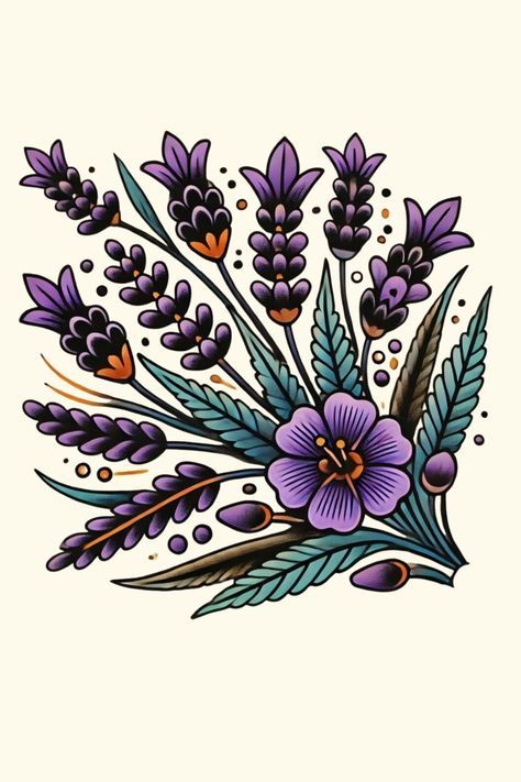 Science Traditional Tattoo, American Traditional Science Tattoo, Purple American Traditional Tattoo, Ed Tattoos Ideas, Shoulder Top Tattoos For Women, Sailor Jerry Flower Tattoo, Small Tattoo Color, Traditional Garden Tattoo, Traditional Foliage Tattoo