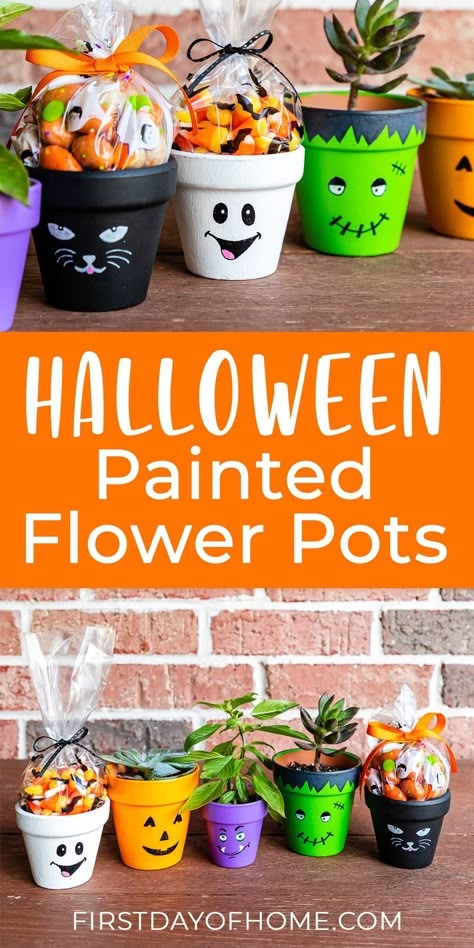 Learn how to paint Halloween flower pots with 5 different characters. This is an easy beginner tutorial with only a few supplies. #firstdayofhome #halloween #paintedpots Halloween Topsy Turvy Pots, Fall Crafts With Clay Pots, Flower Pot Characters, Halloween Plant Pots Diy, Fall Painted Clay Pots, Easy Christmas Crafts Gifts, Terracotta Pot Crafts Diy, Flower Pot Halloween Crafts, Halloween Terra Cotta Pot Crafts Diy