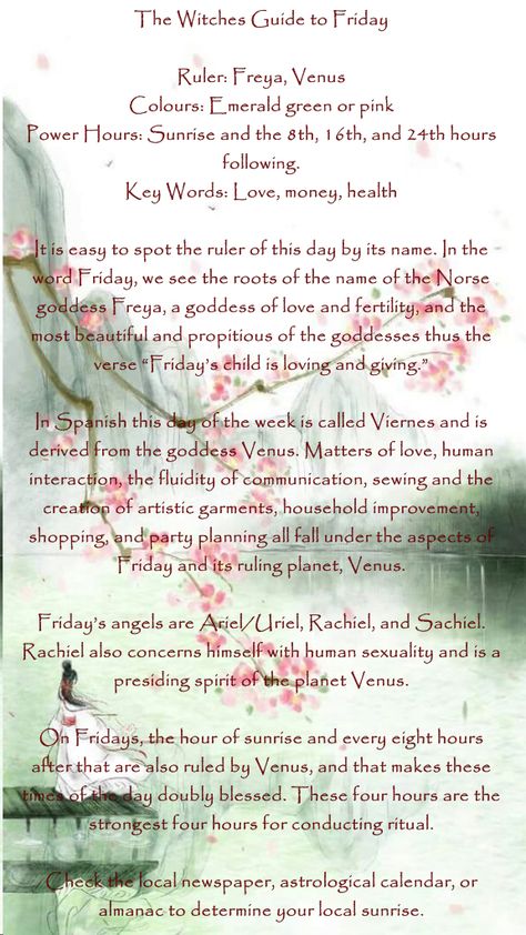 Friday Magickal Correspondences, Friday Witch, Daily Spells, Friday Magick, Friday Rituals, Friday Magic, Weekly Rhythm, Magickal Correspondences, Daily Magic