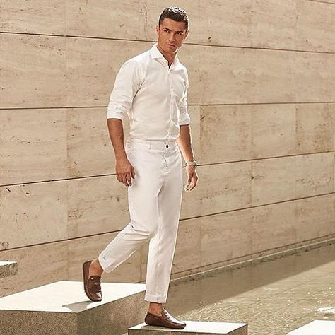 All White paired with brown loafers! -Tag a friend that would wear this outfit this summer! @cristiano | Follow: @billionairescollection by mensfashionposting Cr7 Shoes, Cristiano Ronaldo Style, Cr7 Jr, Cristino Ronaldo, Cristiano Ronaldo Junior, Ronaldo Juventus, Ronaldo Junior, Ronaldo Cristiano, Cr7 Ronaldo