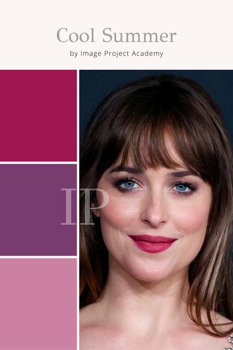 Dakota Johnson Color Analysis, Dakota Johnson Soft Summer, True Summer Outfits Color Combos, Cool True Summer Outfits, Summer Color Analysis Makeup, Dakota Johnson Color Season, Summer Eye Color Analysis, Cool Summer Palette Makeup, Soft Summer Lipstick Colors